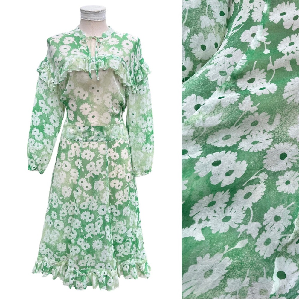 Juicy Couture Silk Botanical Washed Daisy Green Ruffle Long Sleeve Midi Dress